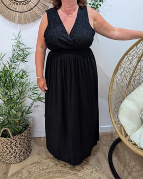 Robe longue femme grande taille bohème décolleté et dos broderies-Noir