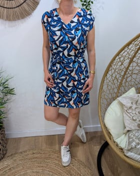 Robe droite femme feuillages bleu roi et orange liseré argent