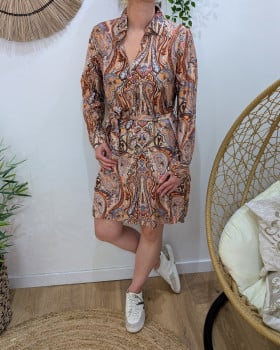 Robe chemise femme motifs cachemire orange rose