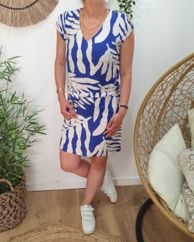 Robe femme droite bleu électrique et écrue Éléa