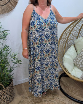 Robe longue femme oversize à bretelles et fleurs Aveline-Bleu