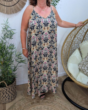 Robe longue femme oversize à bretelles et fleurs Aveline-Noir