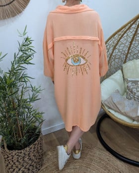 Robe chemise femme oversize coton gaze oeil sequins-Corail