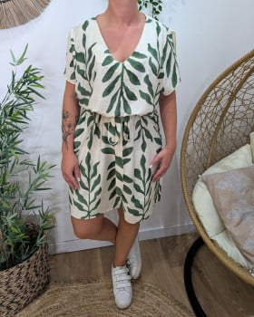 Robe femme droite écrue et verte Ismérie