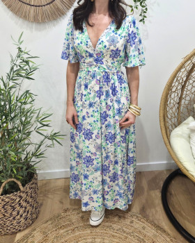 Robe longue femme écrue fleurs bleues et vertes Cassiopea