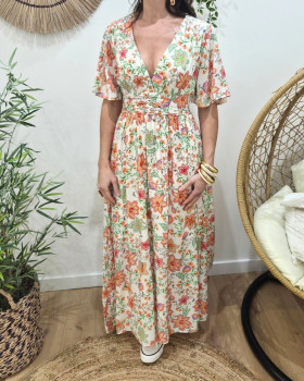 Robe longue femme écrue fleurs oranges et vertes Cassiopea