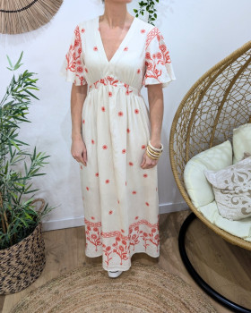 Robe longue femme beige broderies rouges Sidera