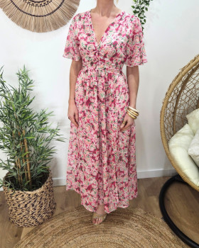 Robe longue femme rose motifs fleuris verts corail Aora