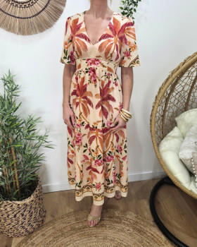 Robe longue femme beige palmiers et fleurs fuchsia et oranges
