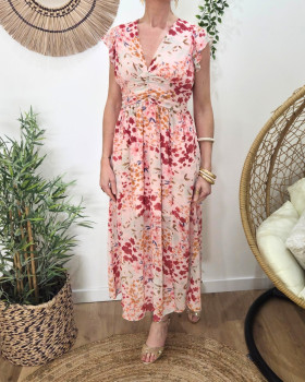 Robe longue femme rose fleurie rose orangée Maloé