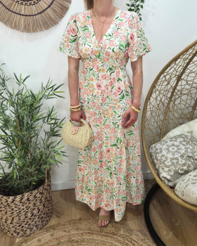  Robe longue femme écru motifs fleuris verts roses corail