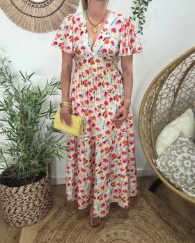 Robe femme longue écrue imprimés fleuris oranges fuchsia multicolores