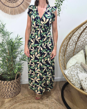  Robe longue femme marine feuilles vertes et beiges