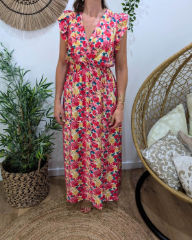  Robe longue femme fleurs roses et jaunes Ambra