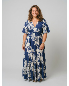 Robe longue femme bleu marine fleurs blanches Pelaya