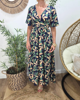  Robe longue femme marine feuilles vertes et beiges manches courtes