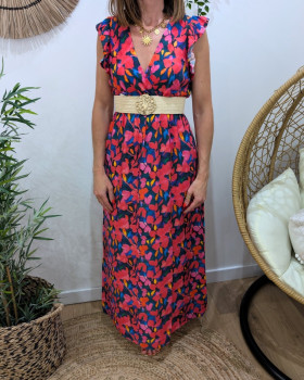 Robe longue femme à motifs fleuris rouge multicolore Rosamée