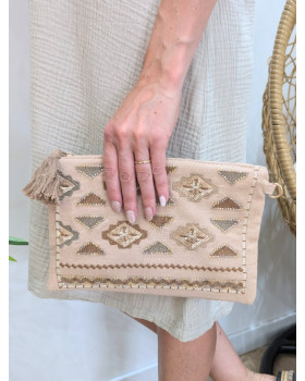 Sac pochette femme bohème perles et sequins-Camel