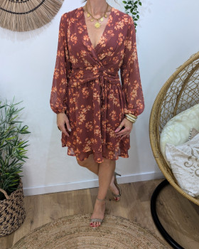 Robe courte femme terracotta motifs fleuris liseré cuivré