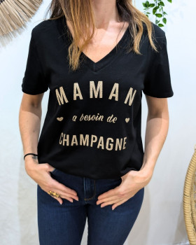T-Shirt Maman a besoin de champagne paillettes-Noir