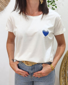 T-Shirt blanc broderie coeur dégradé-Bleu roi
