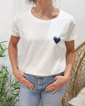 T-Shirt blanc broderie coeur dégradé-Bleu marine