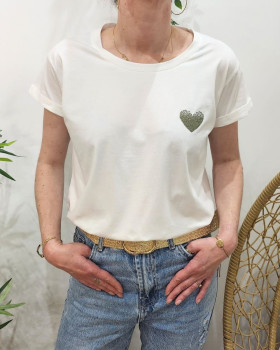 T-Shirt blanc broderie coeur dégradé-Kaki