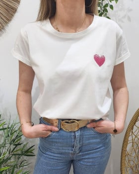 T-Shirt blanc broderie coeur dégradé-Rose fuchsia