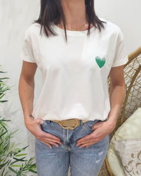 T-Shirt blanc broderie coeur dégradé-Vert