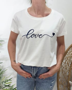 T-Shirt femme blanc broderie love coeur-Bleu marine