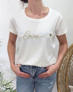 T-Shirt femme blanc broderie love coeur-Or