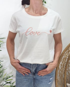 T-Shirt femme blanc broderie love coeur-Rose