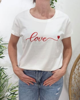 T-Shirt femme blanc broderie love coeur-Rouge