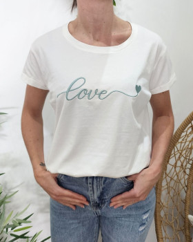 T-Shirt femme blanc broderie love coeur-Vert agate