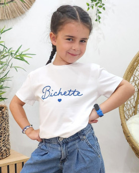 T-Shirt enfant ecru broderie bichette bleu