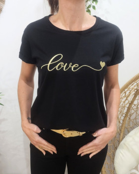 T-Shirt femme noir broderie love coeur-Or