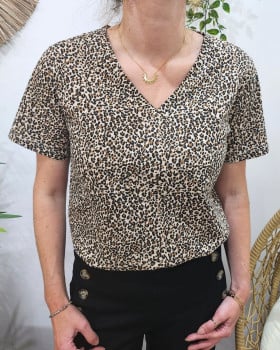 T-shirt femme col V léopard cœur doré 