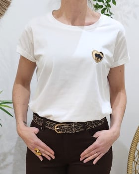 T-shirt femme blanc coeur léopard camel