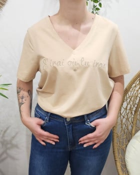 T-Shirt femme beige J'irai où tu iras doré