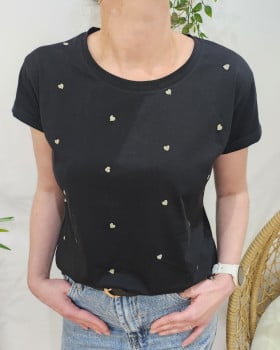 T-Shirt femme noir coeurs brodés dorés