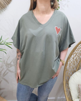 T-Shirt femme oversize coeur brodé rouge-Kaki
