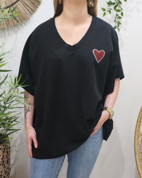 T-Shirt femme oversize coeur brodé rouge-Noir