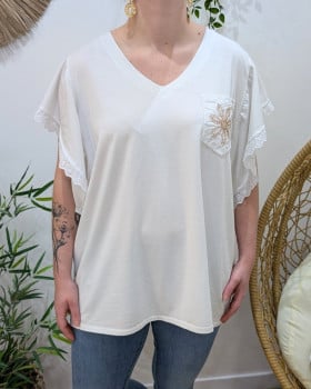 T-Shirt femme oversize manches brodées poche fleur strass-Blanc