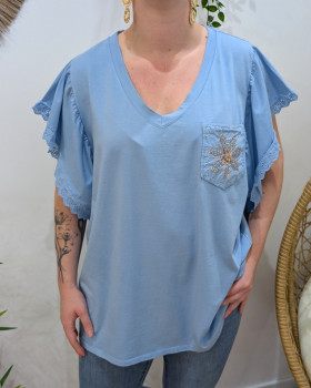 T-Shirt femme oversize manches brodées poche fleur strass-Bleu ciel