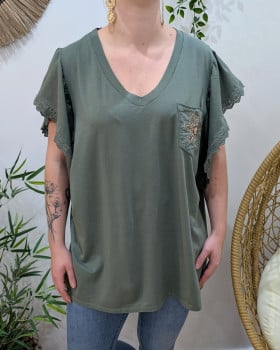 T-Shirt femme oversize manches brodées poche fleur strass-Kaki