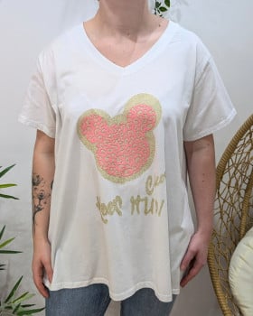 T-Shirt femme oversize Mickey paillettes dorées et rose-Blanc