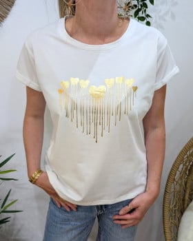 T-Shirt femme blanc coeurs coulants dorés
