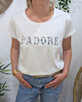 T-Shirt femme blanc J'adore motifs bleu marine beiges