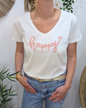 T-Shirt femme blanc broderie happy rose poudré