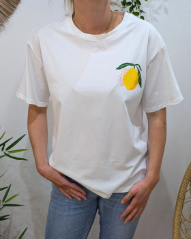 T-Shirt femme blanc Lemon Cello jaune et rose